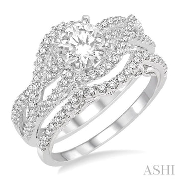 1 Ctw Diamond Wedding Set With 3/4 Ctw Entwined Round Cut Diamond Engagement Ring and 1/5 Ctw Wedding Band in 14K White Gold